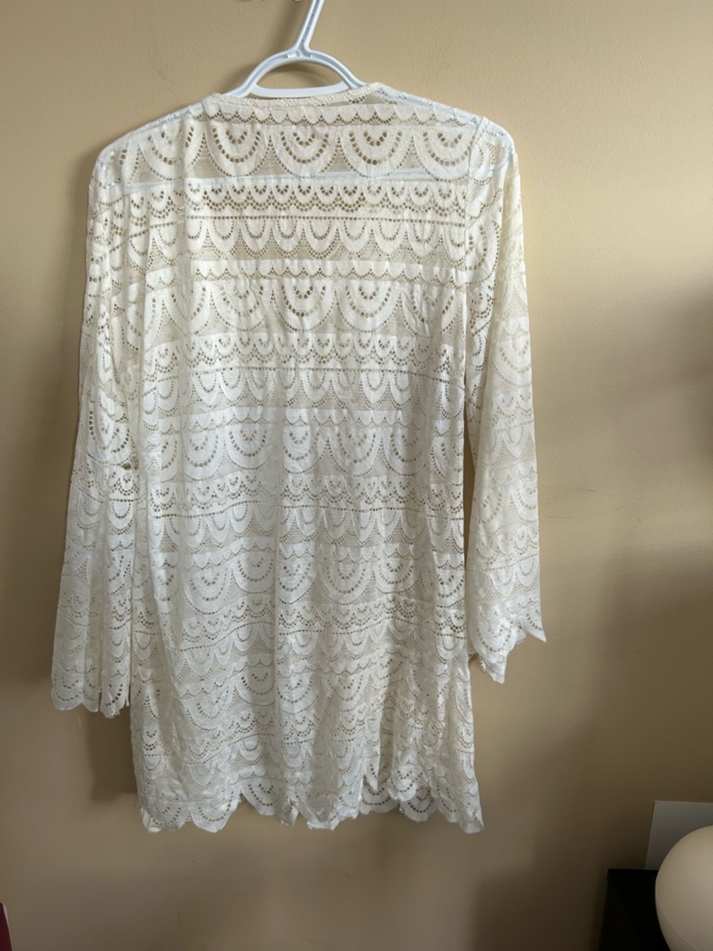 Cream Lace stretch Tunic Swim Cover-Up with Tassel Tie and scalloped edges - Picture 2 of 7